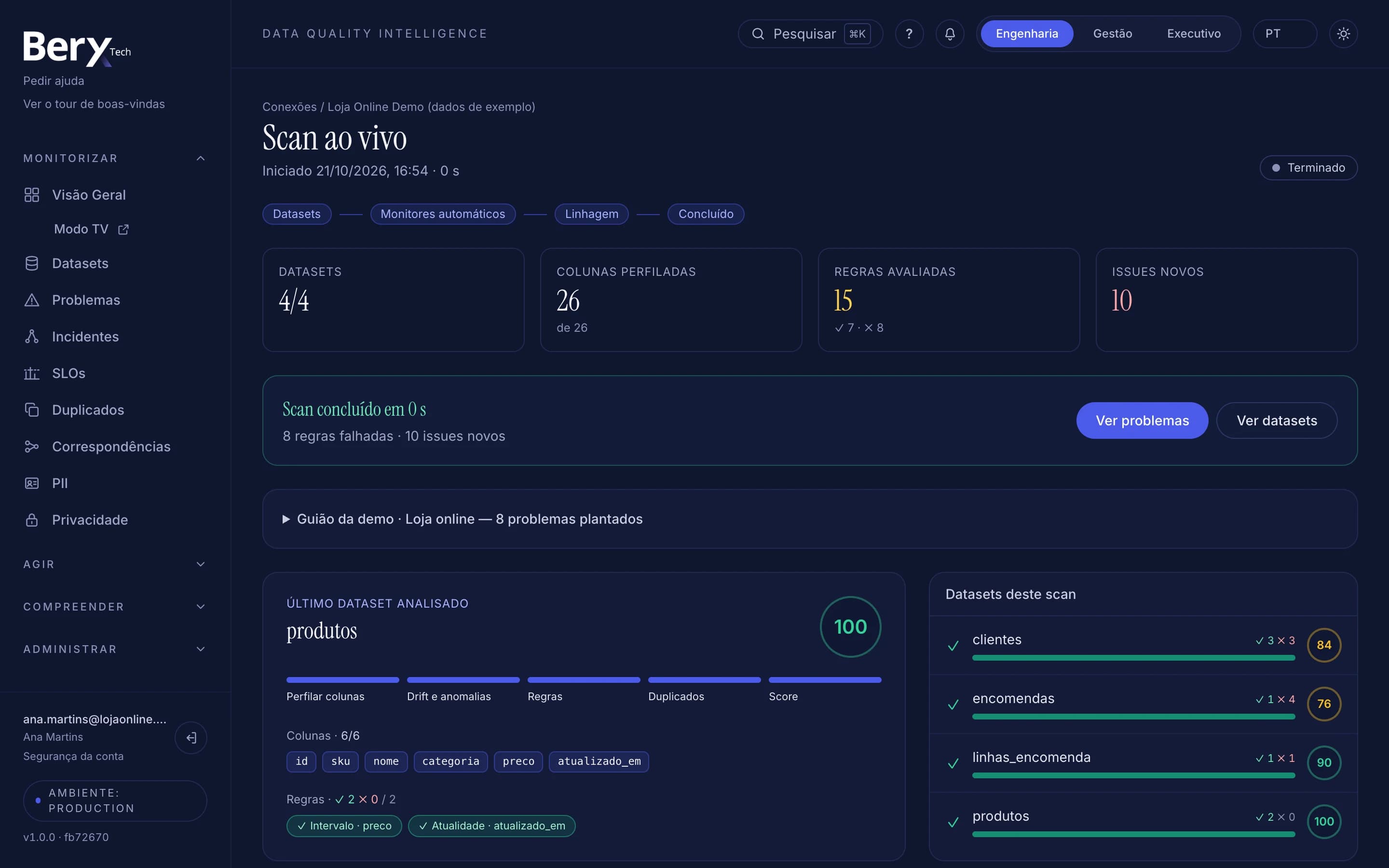Scan ao vivo: regras falhadas, problemas novos e score por dataset