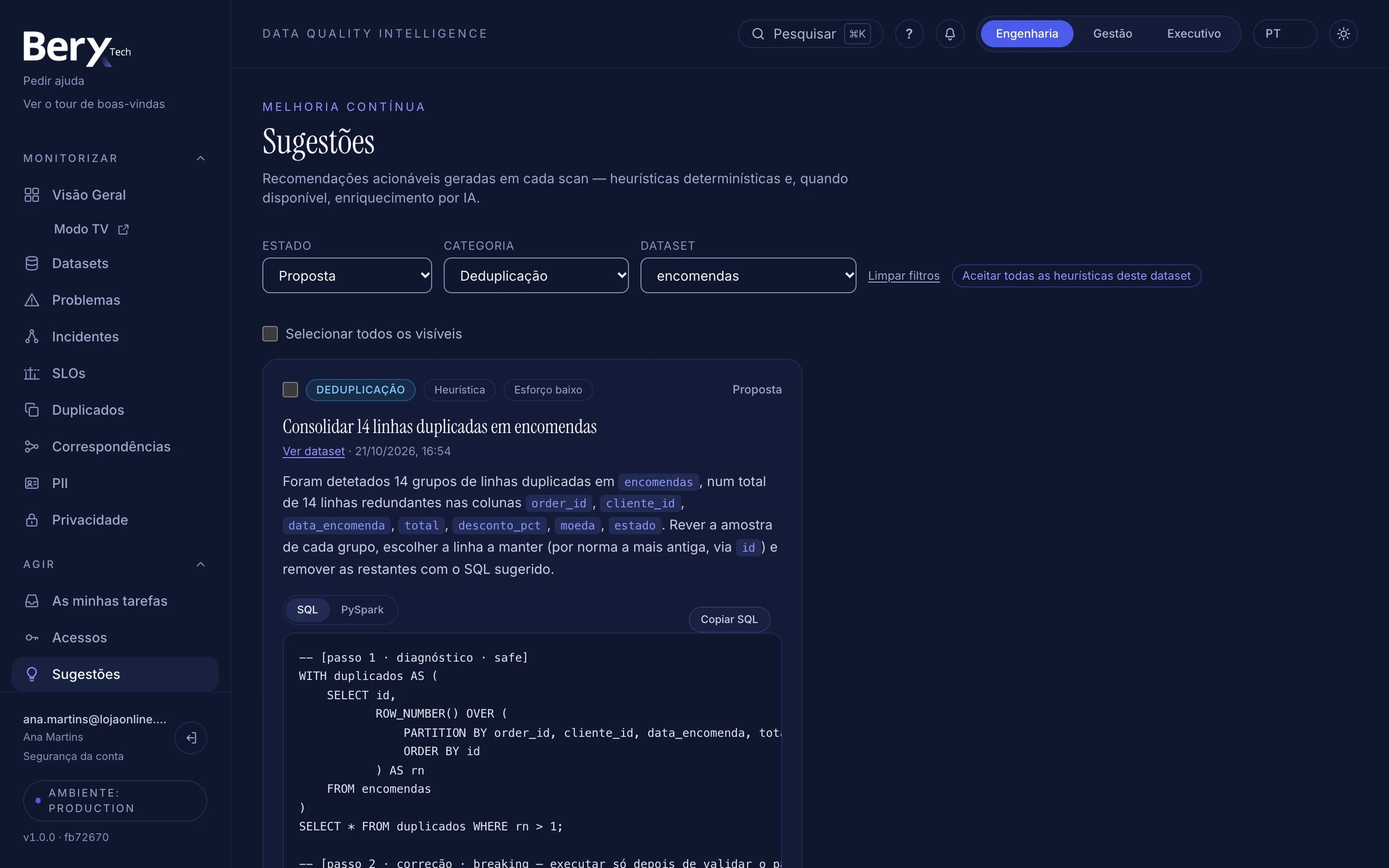 O ecrã de sugestões do BeryX, com a correção proposta em SQL